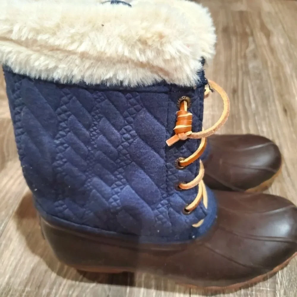 Girls Sperry Snow Boots Size 3 Kids' Brown and Navy Snow Boots with Faux Fur